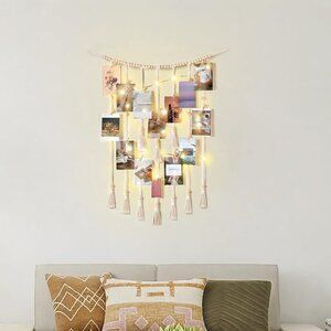 Hanging photo display wall decor with string lights boho wood modern